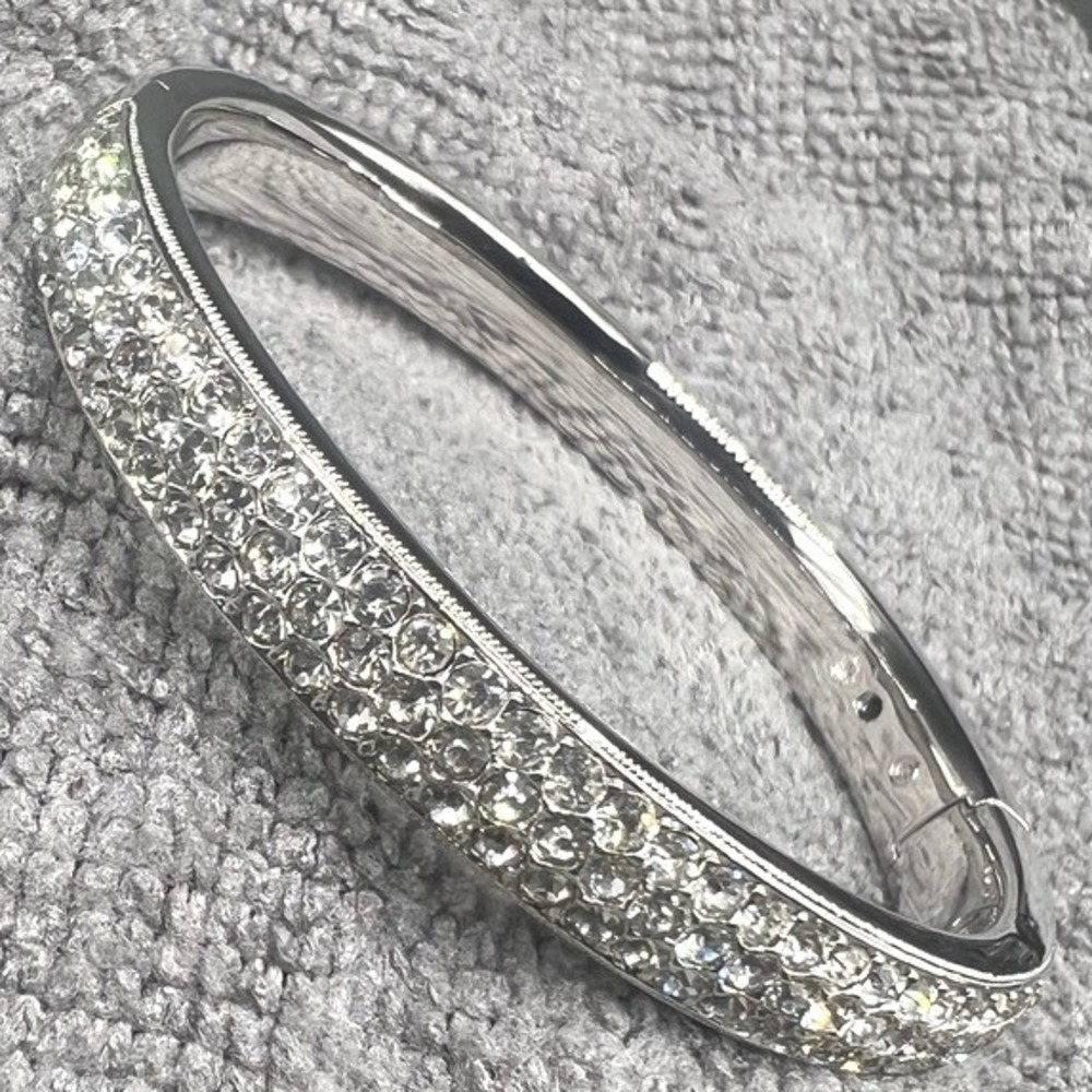 CZ Bangle Bracelet Hinged Half CZ Pave‎ Silver Tone Napoli Sz 6.5
